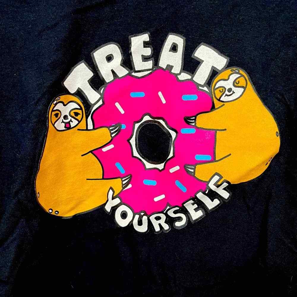 Women's small shirt treat yourself sloth hugging donut back to school